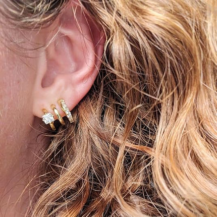 14K Gold Plated Illusion Stud & Triple Huggie Hoop Earrings for Women – Hypoallergenic