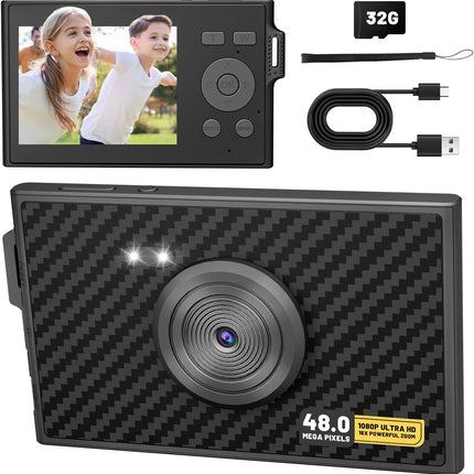 Portable Kids Camera 1080P FHD 48MP 16X Zoom Anti-Shake with SD Card