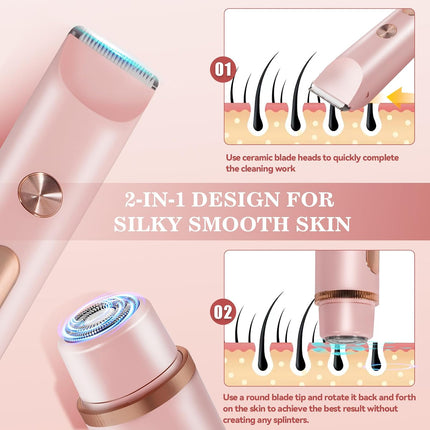 2-in-1 Bikini Trimmer for Women, Waterproof Electric Shaver for Face, Legs & Underarms