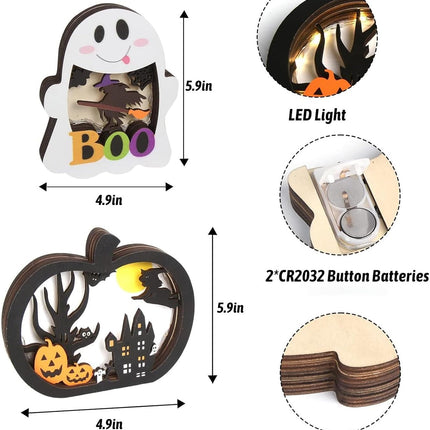 2-Piece Lighted Halloween Wooden Table Decor, LED Ghost Pumpkin BOO Centerpieces
