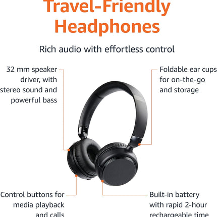 Bluetooth On-Ear Headphones with Mic Foldable, Collapsible, Long Battery Life