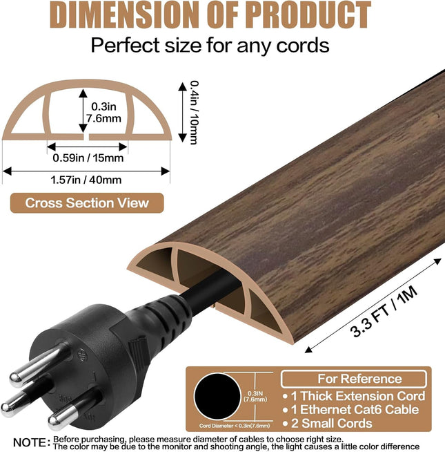 3.3FT Floor Cord Cover – Self-Adhesive Cable Protector for Wires, Wood Walnut