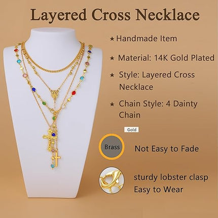 4PCS Layered Gold Cross Necklace Set Women Bohemian Pearl Y Long Necklace