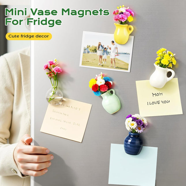 8 Pcs Decorative Refrigerator Magnets – Tiny Ceramic Vase Magnets with Artificial Flowers