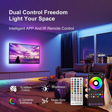 100ft RGB LED Strip Lights – Music Sync, Bluetooth, App & Remote Control