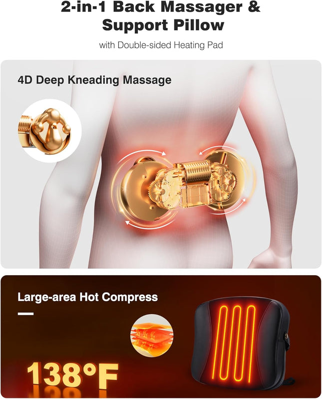 Back Massager with Heat & Shiatsu Deep Tissue Kneading Pillow for Neck & Shoulders