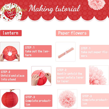 12 PCS Valentine’s Day Decorations: Pink & Red Love Pom Poms and Lanterns Set