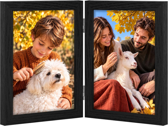 5x7 Double Picture Frame, Black Hinged MDF Photo Frame with Plexiglass, Tabletop Display