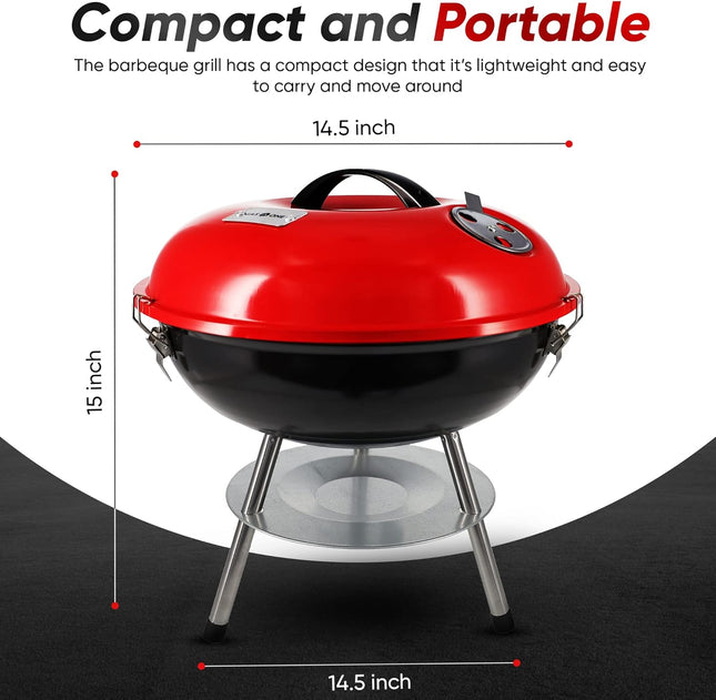 Small 14" BBQ Grill – Heat-Preserving Locking Lid for Camping & Backyard
