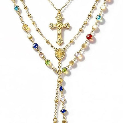 4PCS Layered Gold Cross Necklace Set Women Bohemian Pearl Y Long Necklace