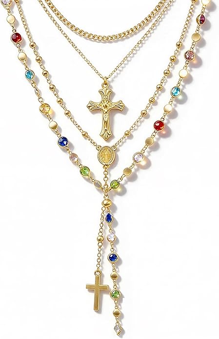 4PCS Layered Gold Cross Necklace Set Women Bohemian Pearl Y Long Necklace