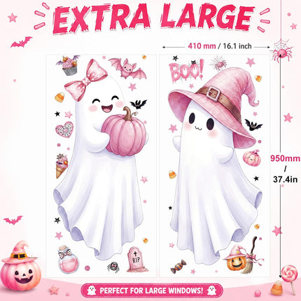 2-Sheet 3.3FT Pink Halloween Ghost Window Clings, Bat Cat Pumpkin Decals