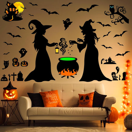 Large Halloween Wall Decals, Removable Vinyl Witch Bat Pumpkin Stickers for Decor