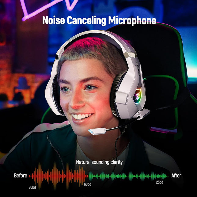 Gaming Headset 7.1 Surround Sound Noise Canceling Mic for PC PS5 Xbox White