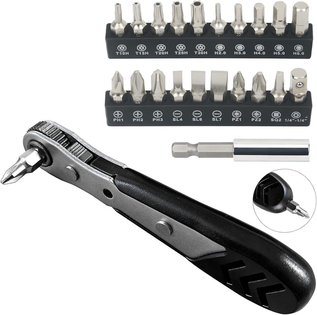 22-Piece Mini Ratchet Set – 1/4" Ratchet, Right Angle Screwdriver for Tight Spaces
