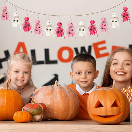 12-Piece Pink & White Ghost Ornaments, Fabric Halloween Tree & Mantel Decorations