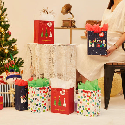 6 Pack Small Christmas Gift Bags with Tissue Paper – 3 Festive Designs