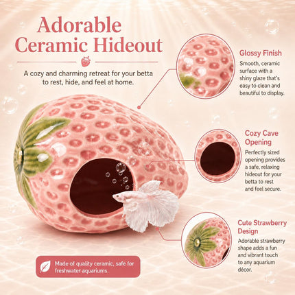 10PCS Aquarium Decorations, Pink Ceramic Strawberry Cave, Artificial Plants & Fish Hideout