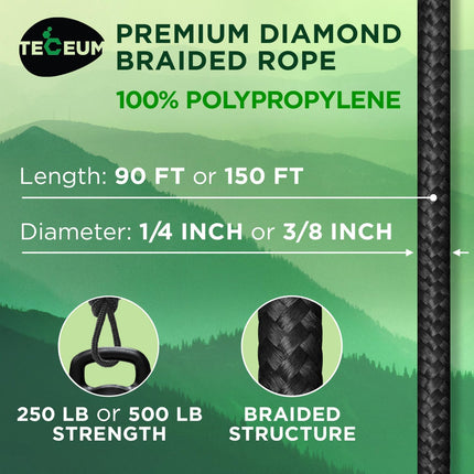 90-150 FT Polypropylene/Nylon Rope – 1/4" & 3/8", Diamond Braided, Black