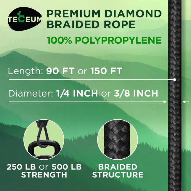90-150 FT Polypropylene/Nylon Rope – 1/4" & 3/8", Diamond Braided, Black
