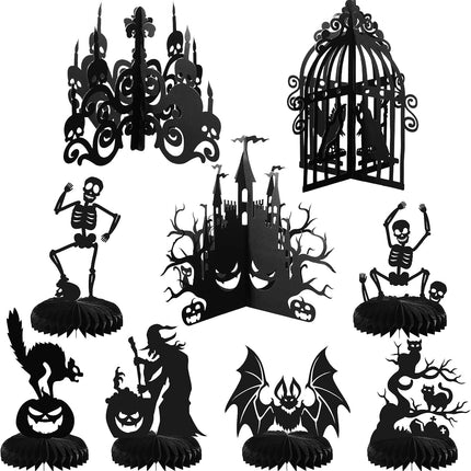 9-Piece Halloween Honeycomb Centerpieces, Skull Ghost Pumpkin Witch Bat Party Decor