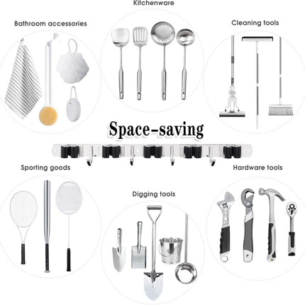 5 Racks & 4 Hooks Mop Broom Holder – Stainless Steel Wall Mount Organizer