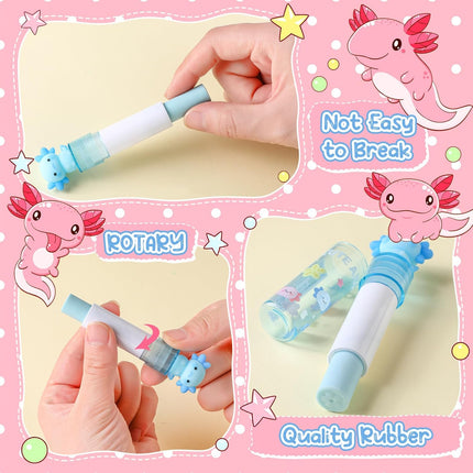 16 Pcs Axolotl Retractable Erasers – Pink & Blue, Party Favors, School Supplies