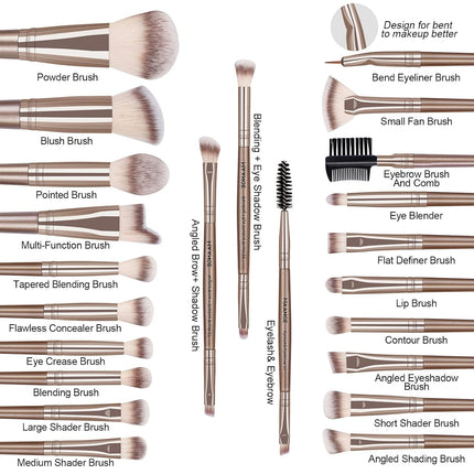 23Pcs Professional Makeup Brush Set, Synthetic Face, Blush & Eyeshadow Brushes, Champagne