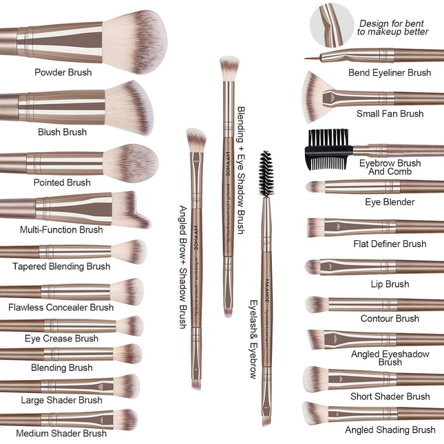 23Pcs Professional Makeup Brush Set, Synthetic Face, Blush & Eyeshadow Brushes, Champagne
