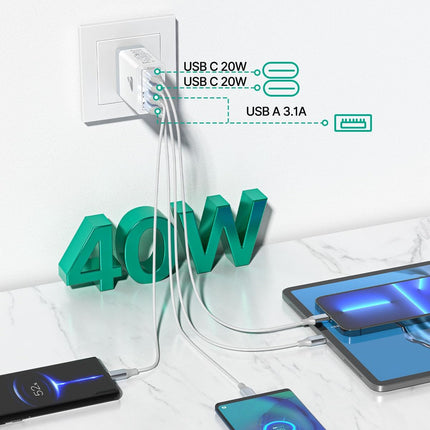 2-Pack] 40W USB C Wall Charger – Multiport PD & QC Power Adapter for iPhone & Samsung