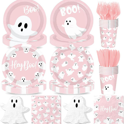 144-Piece Pink Halloween Ghost Plates & Napkins Set, Cute Boo Party Tableware