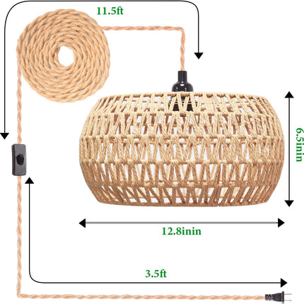 Plug In Rattan Pendant Light Woven Shade 14.8Ft Cord E26 E27 Hanging Lamp with Switch