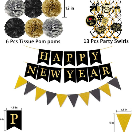 Happy New Year 2026 Hanging Bunting – Flags, Pom Poms & Swirl Garland
