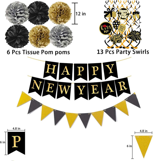 Happy New Year 2026 Hanging Bunting – Flags, Pom Poms & Swirl Garland
