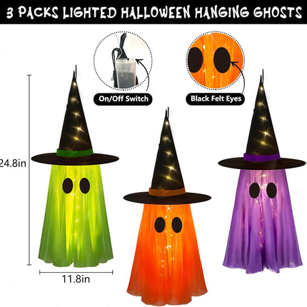 3-Pack Light-Up Halloween Hanging Witch Ghosts, String Lights for Yard & Porch Decor