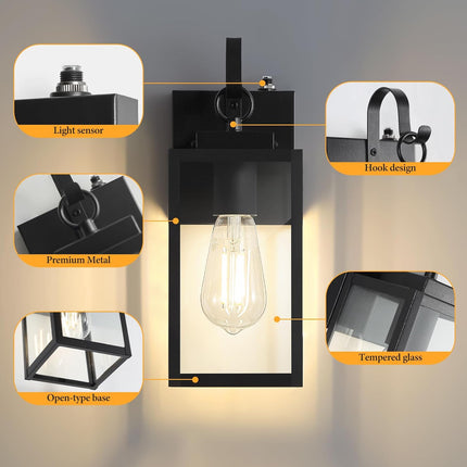 11.8 Inch Outdoor Wall Light Dusk to Dawn Black Metal Frame Clear Glass E26