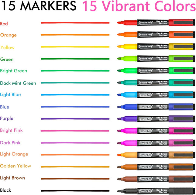 Magnetic Whiteboard Markers – 15 Fine Point Colors for School, Office, Home