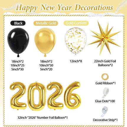 Happy New Year 2026 Balloon Garland – Foil Metallic & Confetti Party Kit