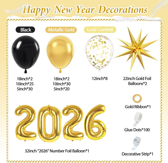 Happy New Year 2026 Balloon Garland – Foil Metallic & Confetti Party Kit