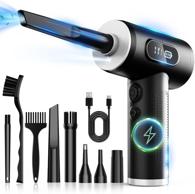 Electric Air Duster – 100,000RPM, 3-Gear Adjustable, LED Light, Cordless, Black