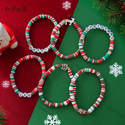 6-Pack Christmas Bracelets for Girls – Polymer Clay Jewelry Set for Merry Christmas Gifts