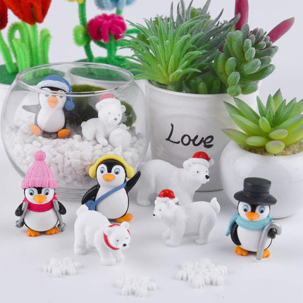 12PCS Winter Resin Penguin Polar Bear Snowflake Mini Christmas Figurines