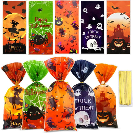 50-Piece Halloween Treat Bags, Clear Cellophane Candy Goodie Bags with Ties