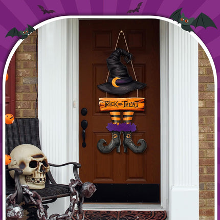 Halloween Witch Trick or Treat Wooden Door Sign, Black Hat Boots Porch Wall Decor