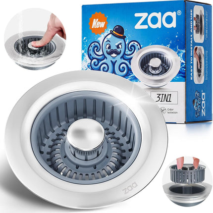3-in-1 Kitchen Sink Drain Strainer Stopper Stainless Steel Pop-Up Basket Silver