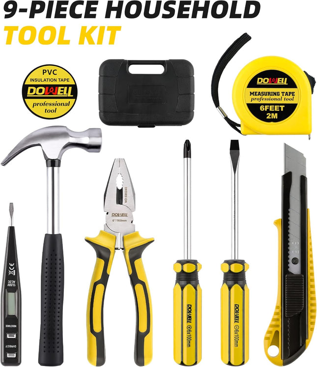 9pc Homeowner Tool Set with Plastic Toolbox Storage Case for Household Repairs