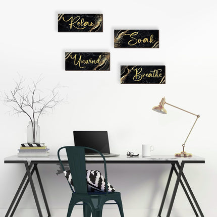 4 Pcs Black Gold Bathroom Wall Decor Wood Rustic Relax Soak Unwind Breathe