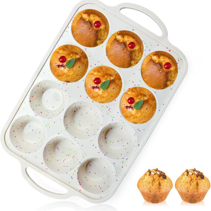 12 Cup Silicone Muffin Pan Metal Frame BPA Free Cupcake Baking Tray Cream