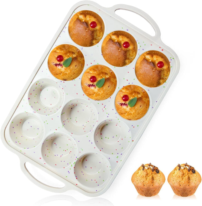 12 Cup Silicone Muffin Pan Metal Frame BPA Free Cupcake Baking Tray Cream