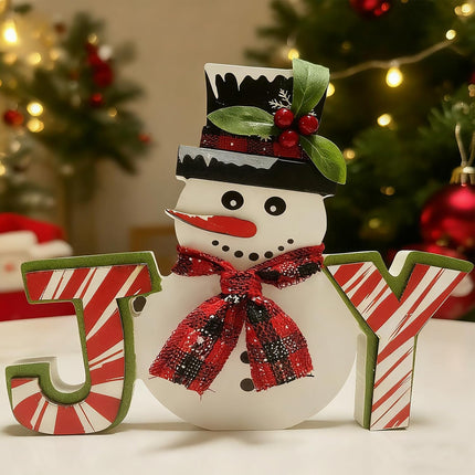 Wooden Snowman Christmas Decor – Indoor Winter Joy Block Sign for Home & Mantel